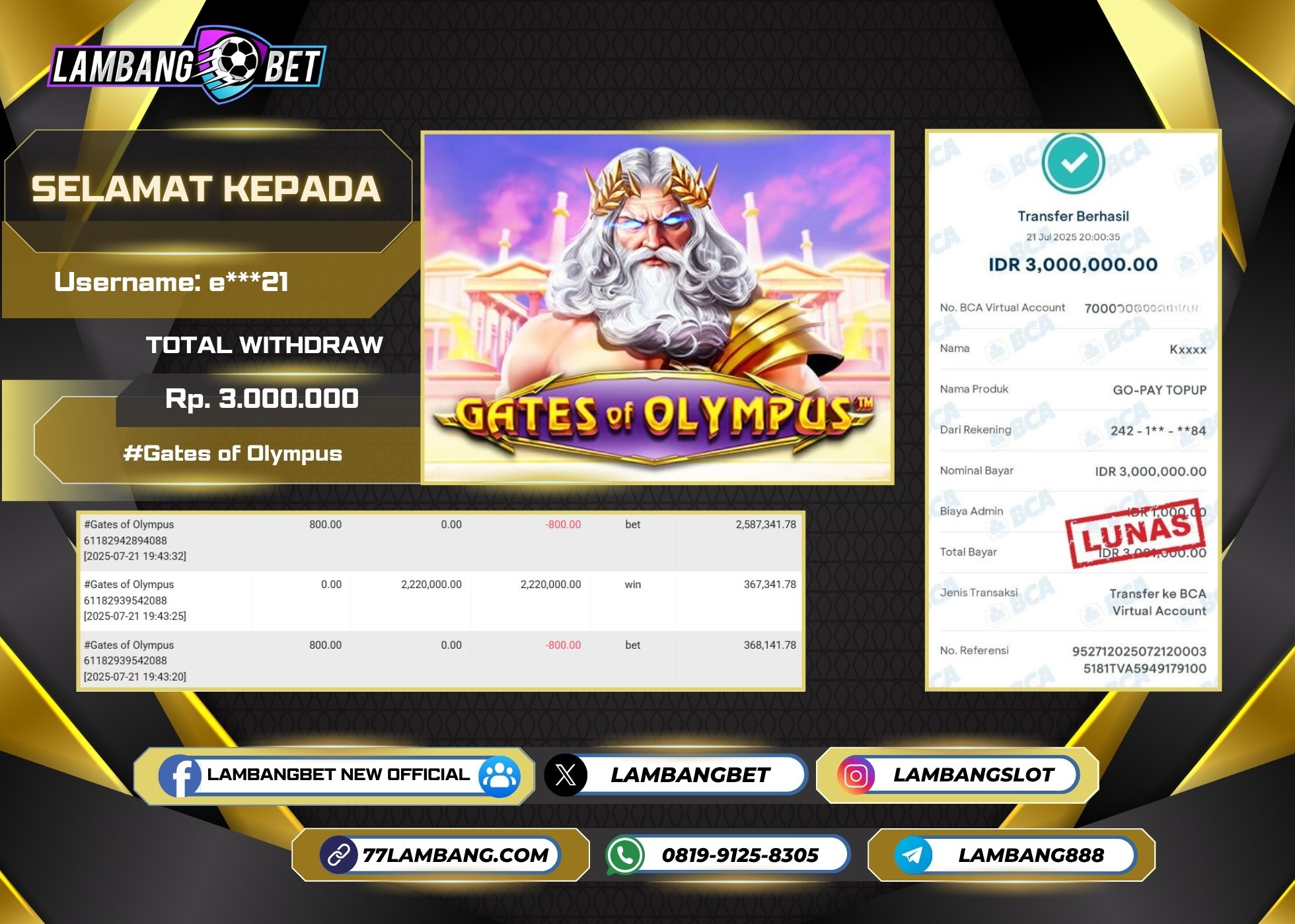 LAMBANGBET [21 JULY 2025] JACKPOT SLOT Gates of Olympus "Rp3.000.000" LUNAS